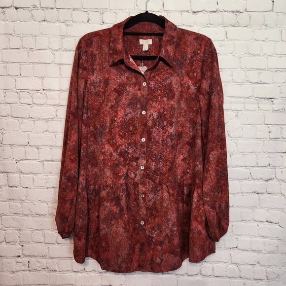 NWOT LOGO by Lori Goldstein Stretch Woven Button Front Blouse Crimson Women's S - Picture 1 of 9